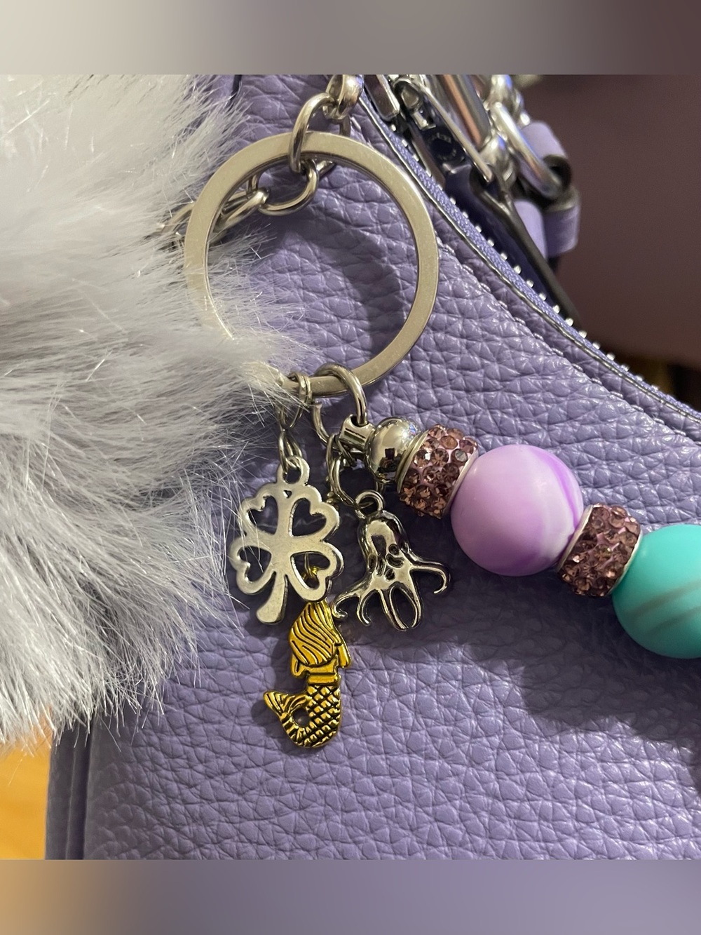 Purple Mermaid Charm Keychain with Pom Pom-HANDMADE